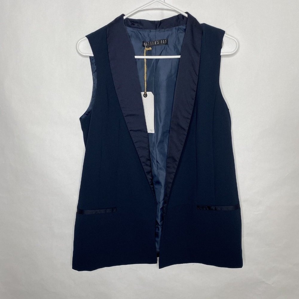Potter's Pot Vest Women M Blue Casual Dressy Open Front Faux Pockets